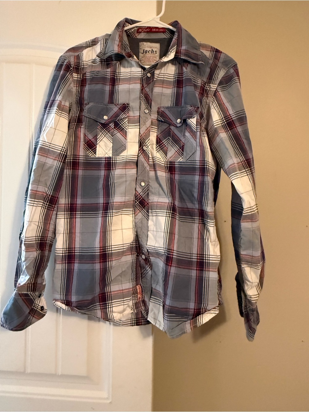 Jachs Men’s Light Blue and White Plaid Button-Down Shirt with Burgundy Accents